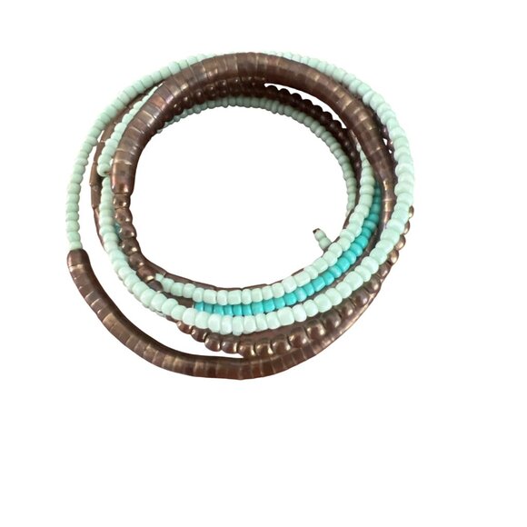 Memory Wire Cuff Bracelet Antique Brass Turquoise Color Boho Tribal Adj 7" - Picture 3 of 4